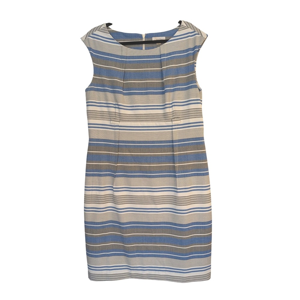 Calvin Klein Blue Grey Striped Sleeveless Sheath Dress Size 16 Boat Neck Lined